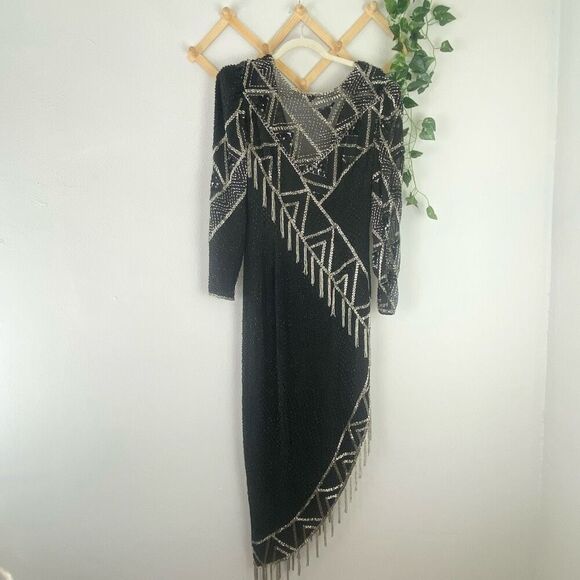 VINTAGE SHO MAX ORIGINALS Embellished Asymmetrical Silk Dress Size Medium GUC - Picture 1 of 8